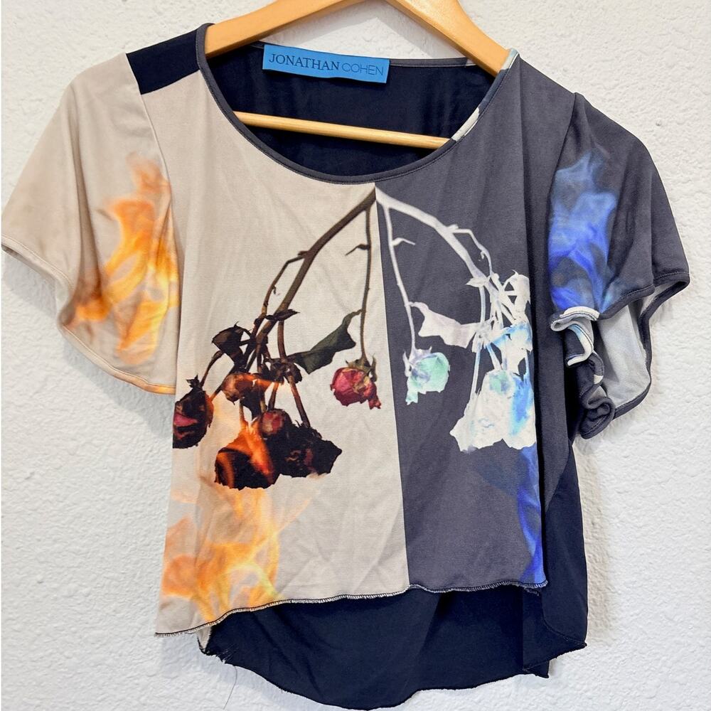 Jonathan Cohen Silk Abstract Floral T-Shirt Luxury Designer Grunge Glam Y2K
